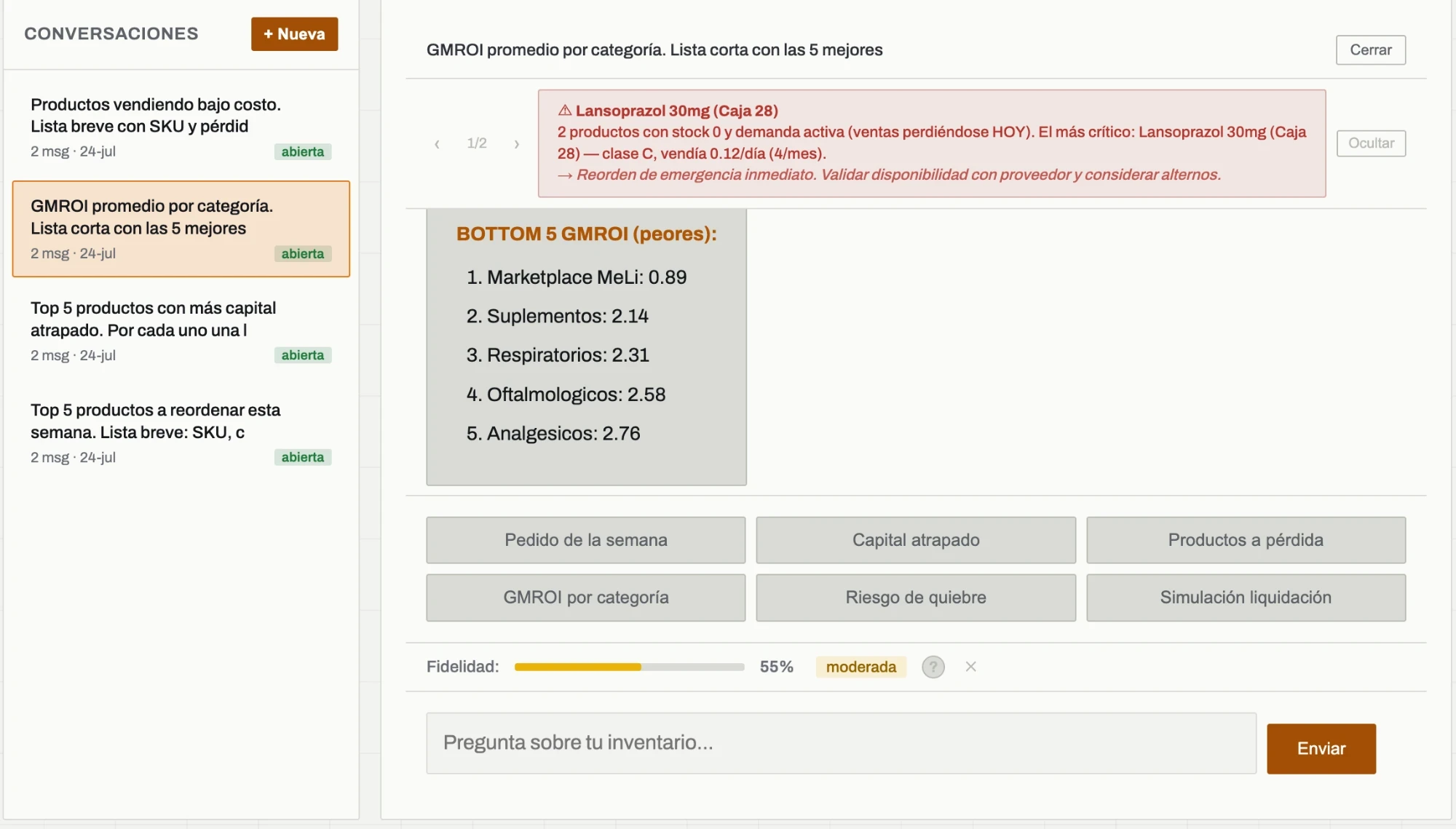 Chat de Rackly respondiendo sobre GMROI por categoría con los datos reales del inventario